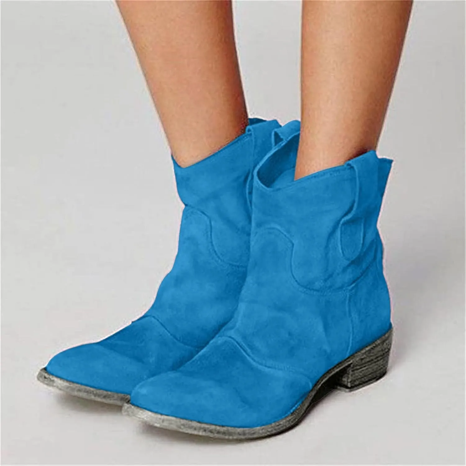 Western Cowboy Ankle Boots for Women,Low Heel Mid Calf Cowgirl Boots Slip On Round Toe Chunky Heel Fashion Retro Classic Boots Suede Back Zipper Fall Short Ankle Booties