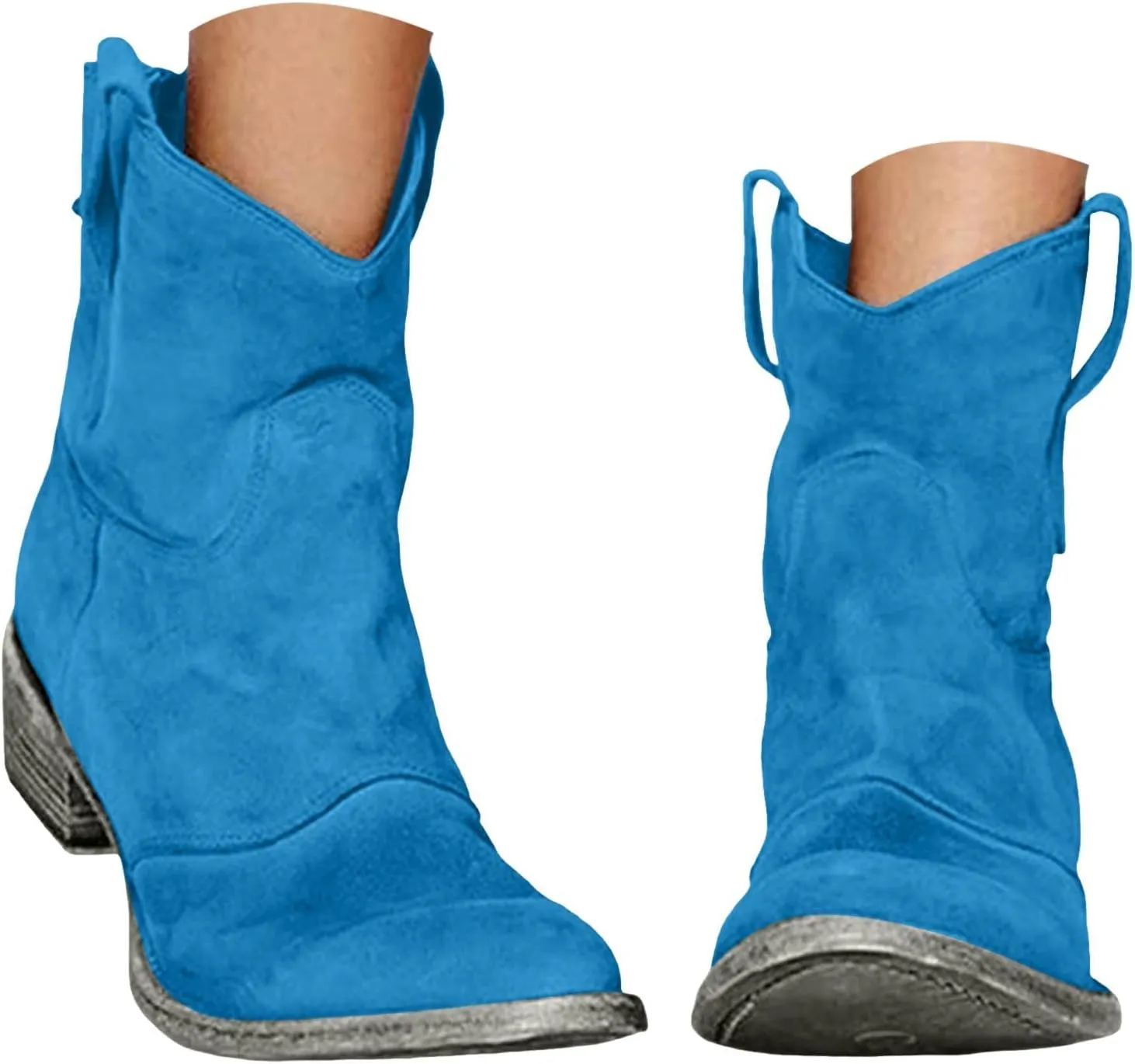 Western Cowboy Ankle Boots for Women,Low Heel Mid Calf Cowgirl Boots Slip On Round Toe Chunky Heel Fashion Retro Classic Boots Suede Back Zipper Fall Short Ankle Booties