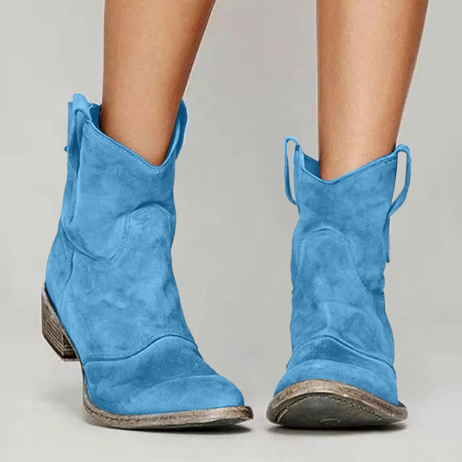 Western Cowboy Ankle Boots for Women,Low Heel Mid Calf Cowgirl Boots Slip On Round Toe Chunky Heel Fashion Retro Classic Boots Suede Back Zipper Fall Short Ankle Booties