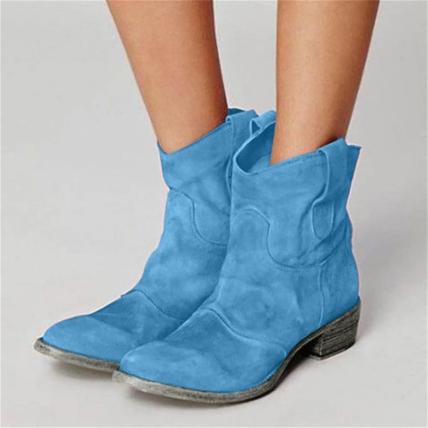 Western Cowboy Ankle Boots for Women,Low Heel Mid Calf Cowgirl Boots Slip On Round Toe Chunky Heel Fashion Retro Classic Boots Suede Back Zipper Fall Short Ankle Booties