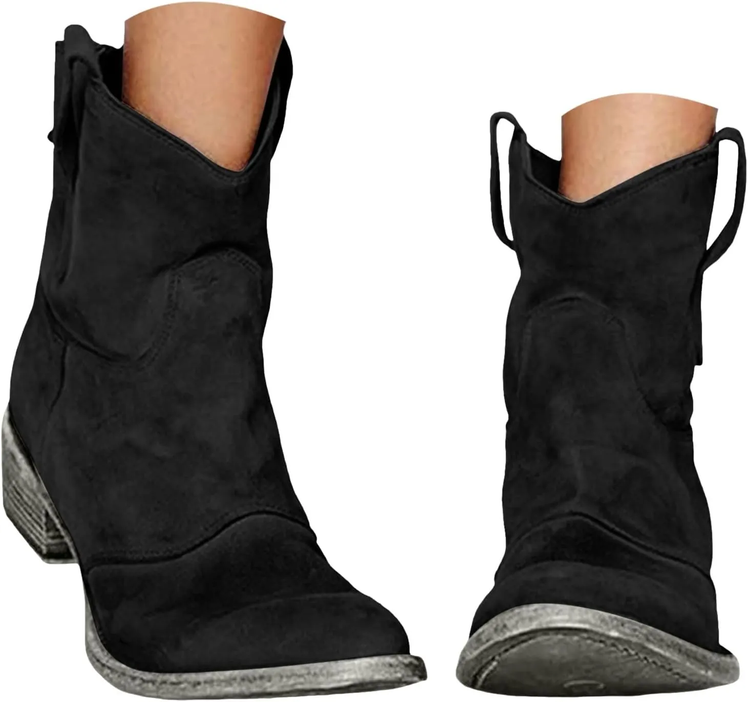 Western Cowboy Ankle Boots for Women,Low Heel Mid Calf Cowgirl Boots Slip On Round Toe Chunky Heel Fashion Retro Classic Boots Suede Back Zipper Fall Short Ankle Booties