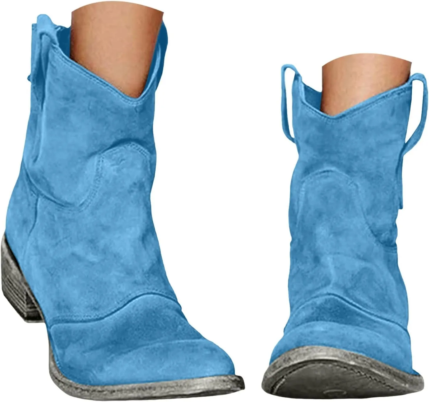 Western Cowboy Ankle Boots for Women,Low Heel Mid Calf Cowgirl Boots Slip On Round Toe Chunky Heel Fashion Retro Classic Boots Suede Back Zipper Fall Short Ankle Booties