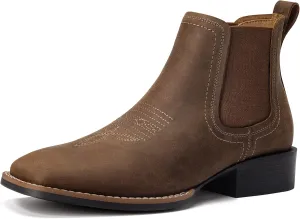Western Cowboy Boots for Men - Mens Square Toe Chelsea Boots Ankle Cowboy Boots for Men Casual Retro Stylish Boots Brown
