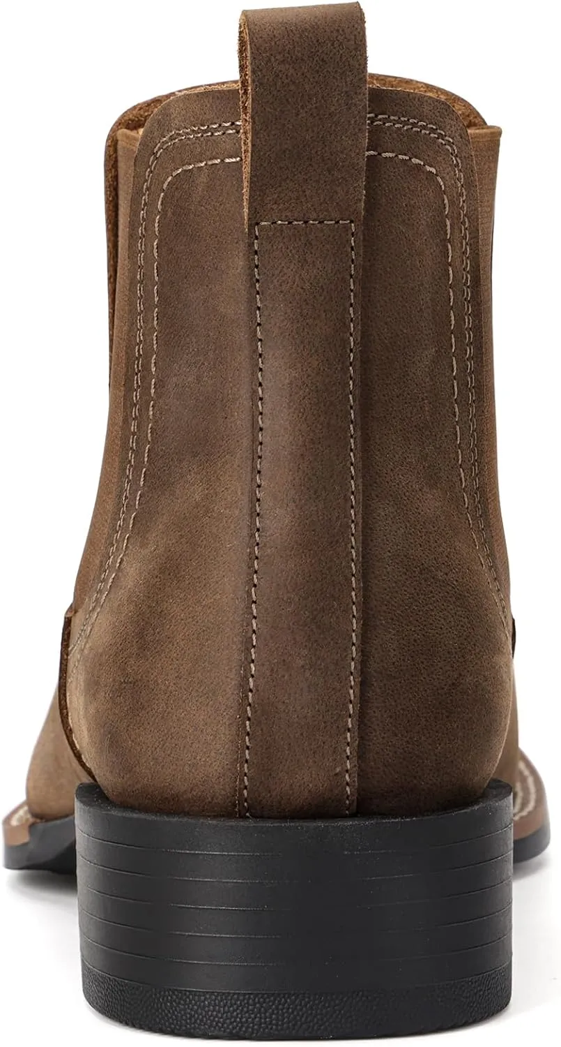 Western Cowboy Boots for Men - Mens Square Toe Chelsea Boots Ankle Cowboy Boots for Men Casual Retro Stylish Boots Brown