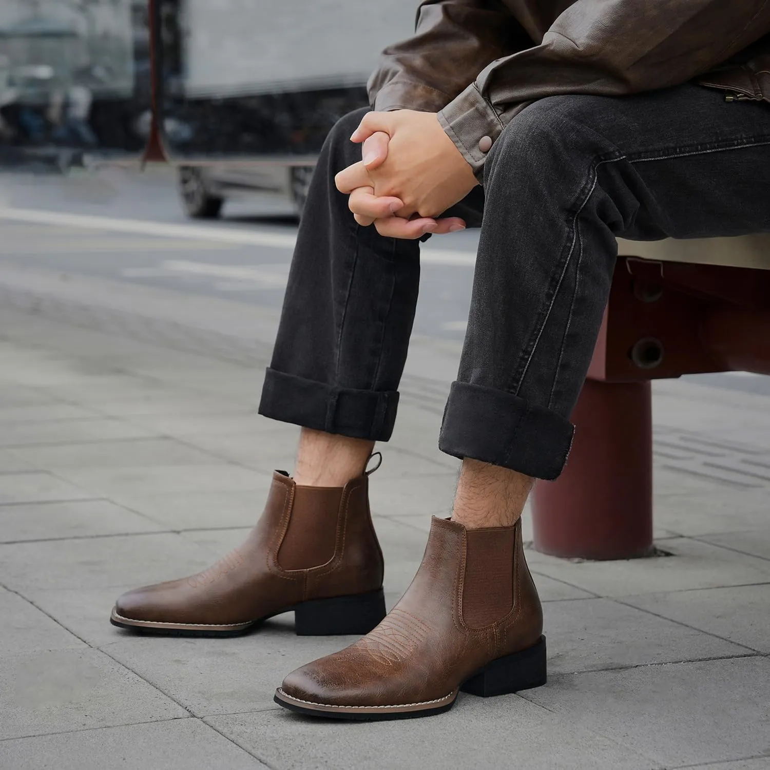 Western Cowboy Boots for Men Square Toe Comfortable Ankle Retro Stylish Boots