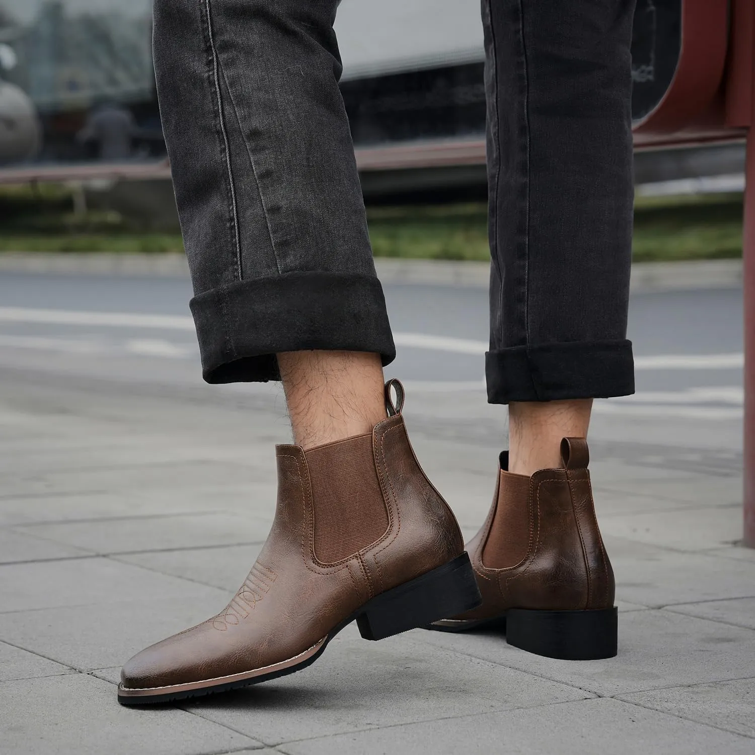 Western Cowboy Boots for Men Square Toe Comfortable Ankle Retro Stylish Boots