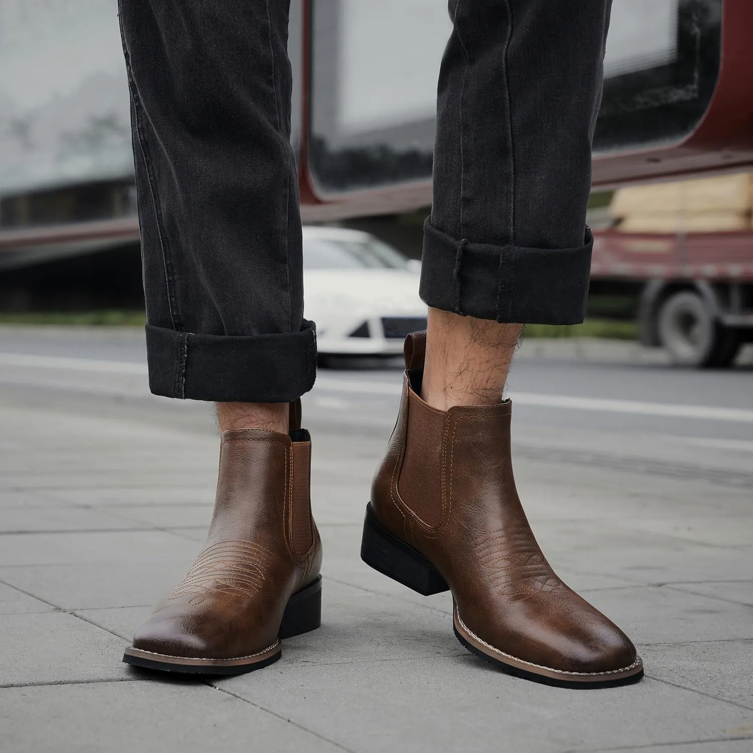 Western Cowboy Boots for Men Square Toe Comfortable Ankle Retro Stylish Boots