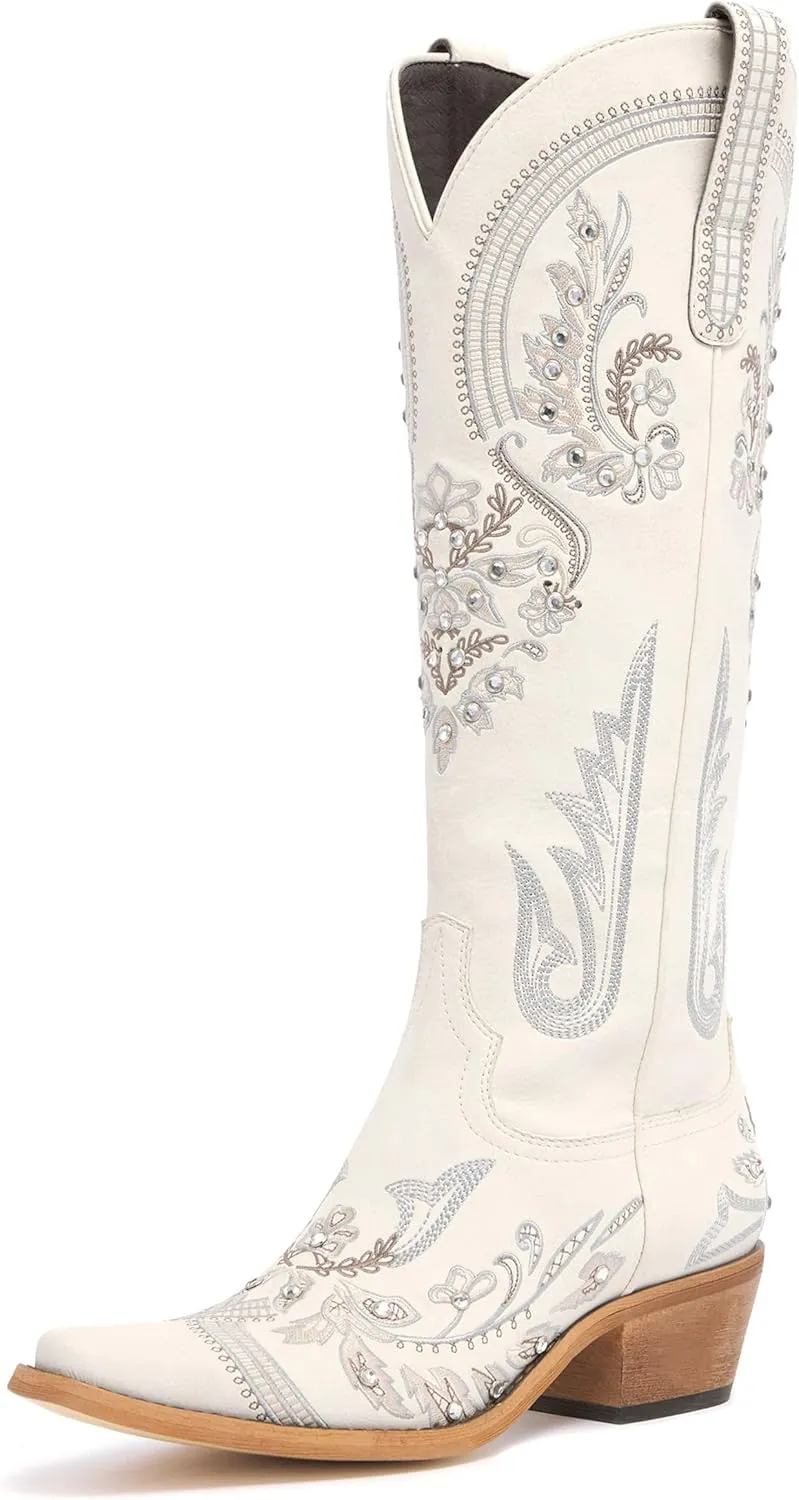 Western Cowboy Boots for Women Embroidered Rhinestones Knee High Cowgirl Boots Pointed Toe Chunky Heel Fashion Retro Classic Tall Boot