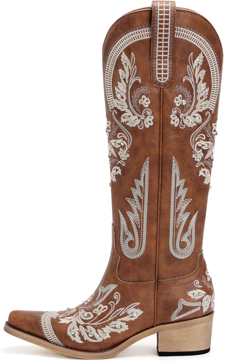Western Cowboy Boots for Women Embroidered Rhinestones Knee High Cowgirl Boots Pointed Toe Chunky Heel Fashion Retro Classic Tall Boot