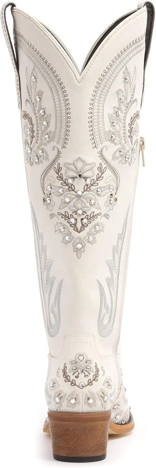Western Cowboy Boots for Women Embroidered Rhinestones Knee High Cowgirl Boots Pointed Toe Chunky Heel Fashion Retro Classic Tall Boot
