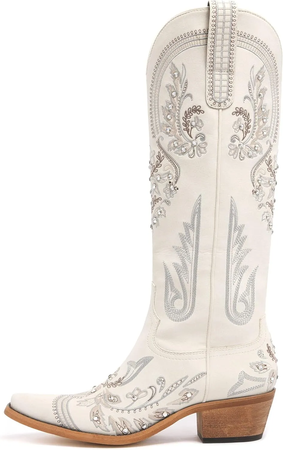 Western Cowboy Boots for Women Embroidered Rhinestones Knee High Cowgirl Boots Pointed Toe Chunky Heel Fashion Retro Classic Tall Boot