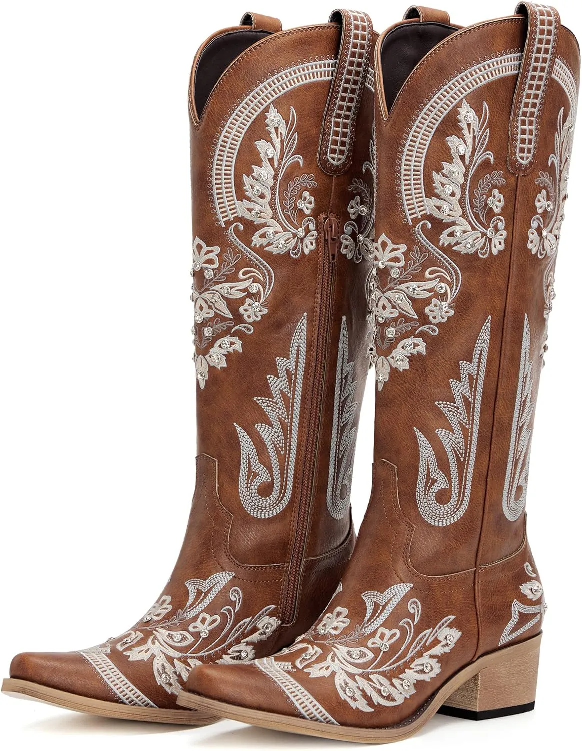 Western Cowboy Boots for Women Embroidered Rhinestones Knee High Cowgirl Boots Pointed Toe Chunky Heel Fashion Retro Classic Tall Boot