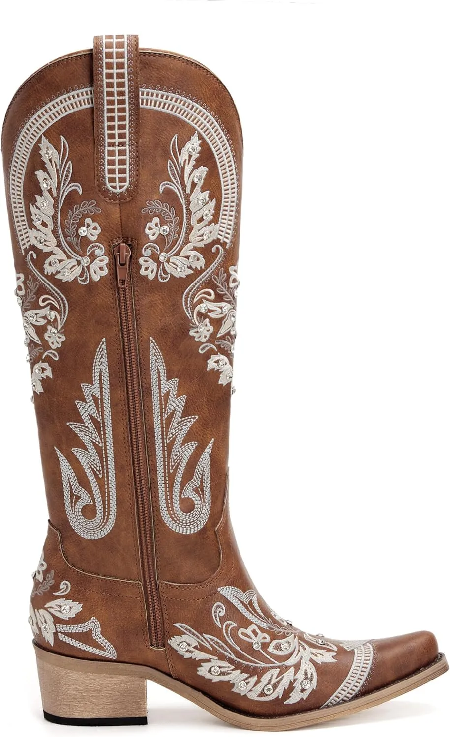 Western Cowboy Boots for Women Embroidered Rhinestones Knee High Cowgirl Boots Pointed Toe Chunky Heel Fashion Retro Classic Tall Boot