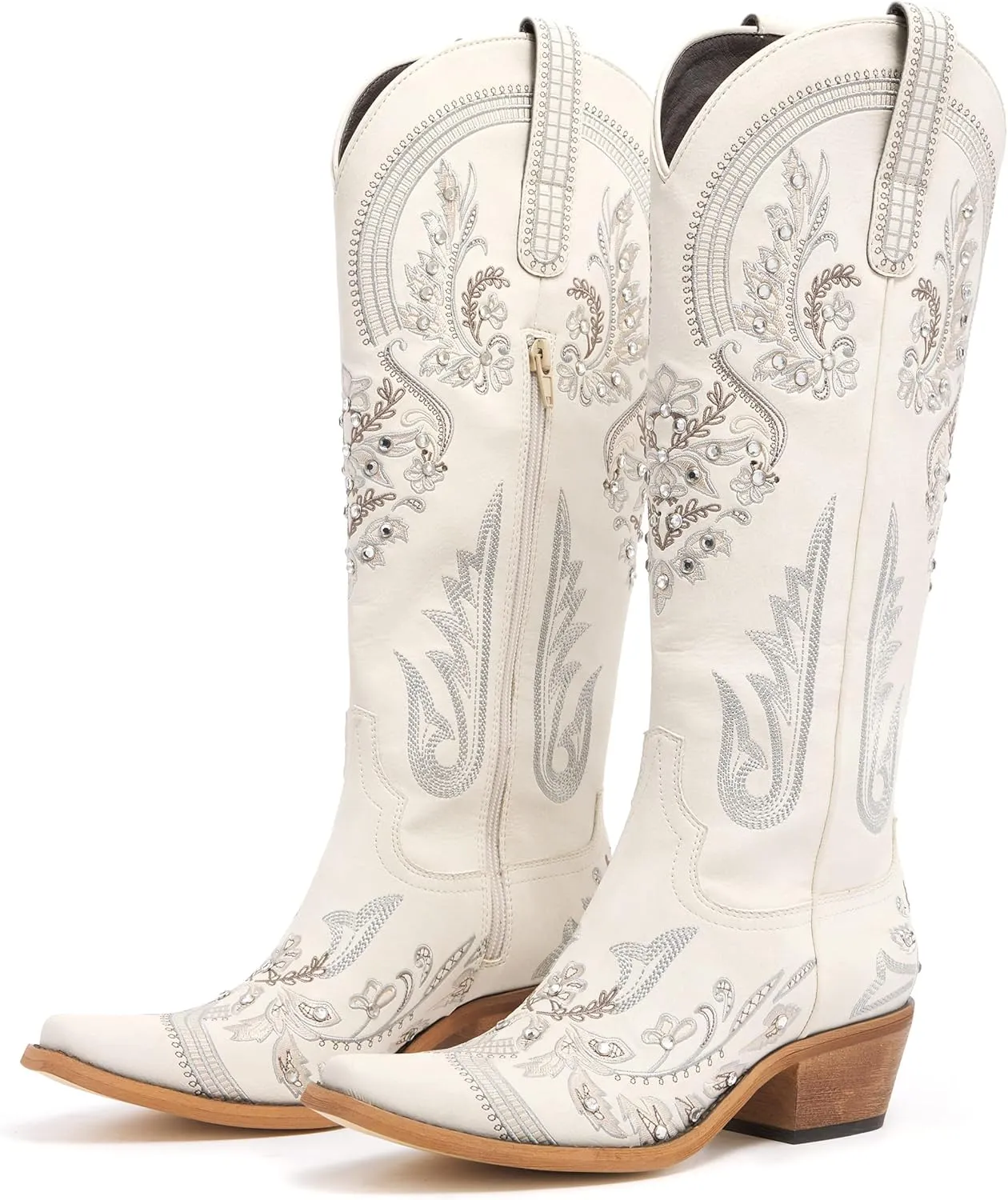 Western Cowboy Boots for Women Embroidered Rhinestones Knee High Cowgirl Boots Pointed Toe Chunky Heel Fashion Retro Classic Tall Boot