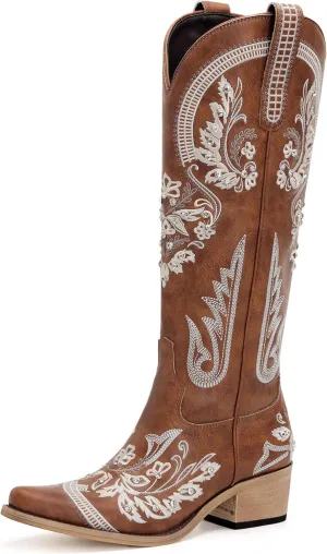 Western Cowboy Boots for Women Embroidered Rhinestones Knee High Cowgirl Boots Pointed Toe Chunky Heel Fashion Retro Classic Tall Boot