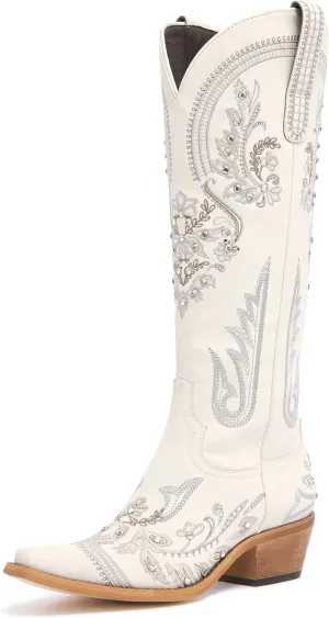 Western Cowboy Boots for Women Embroidered Rhinestones Knee High Cowgirl Boots Pointed Toe Chunky Heel Fashion Retro Classic Tall Boot