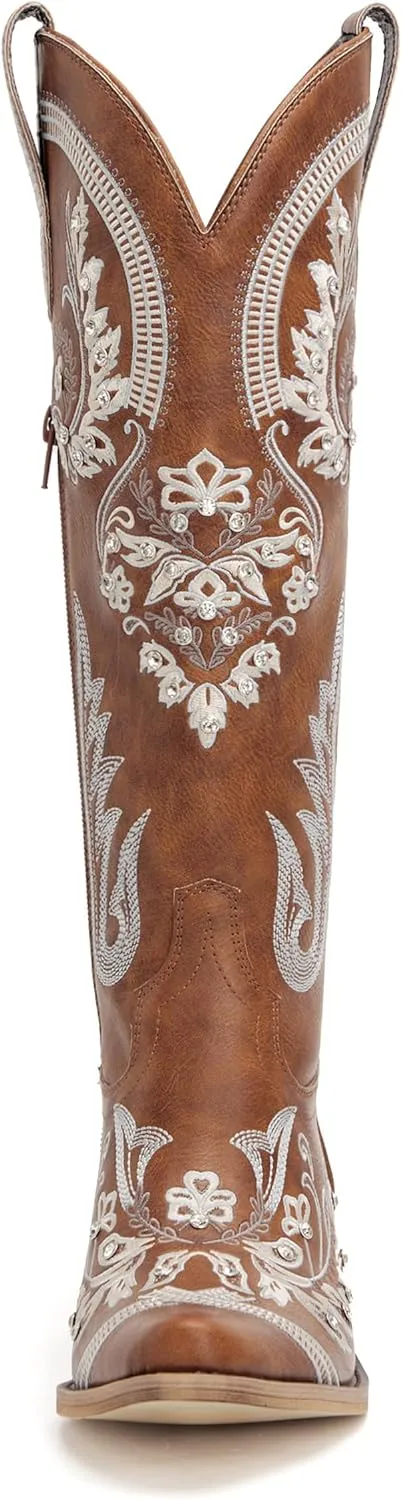 Western Cowboy Boots for Women Embroidered Rhinestones Knee High Cowgirl Boots Pointed Toe Chunky Heel Fashion Retro Classic Tall Boot