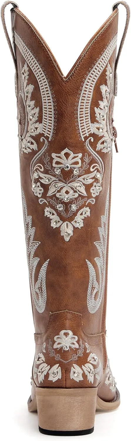 Western Cowboy Boots for Women Embroidered Rhinestones Knee High Cowgirl Boots Pointed Toe Chunky Heel Fashion Retro Classic Tall Boot
