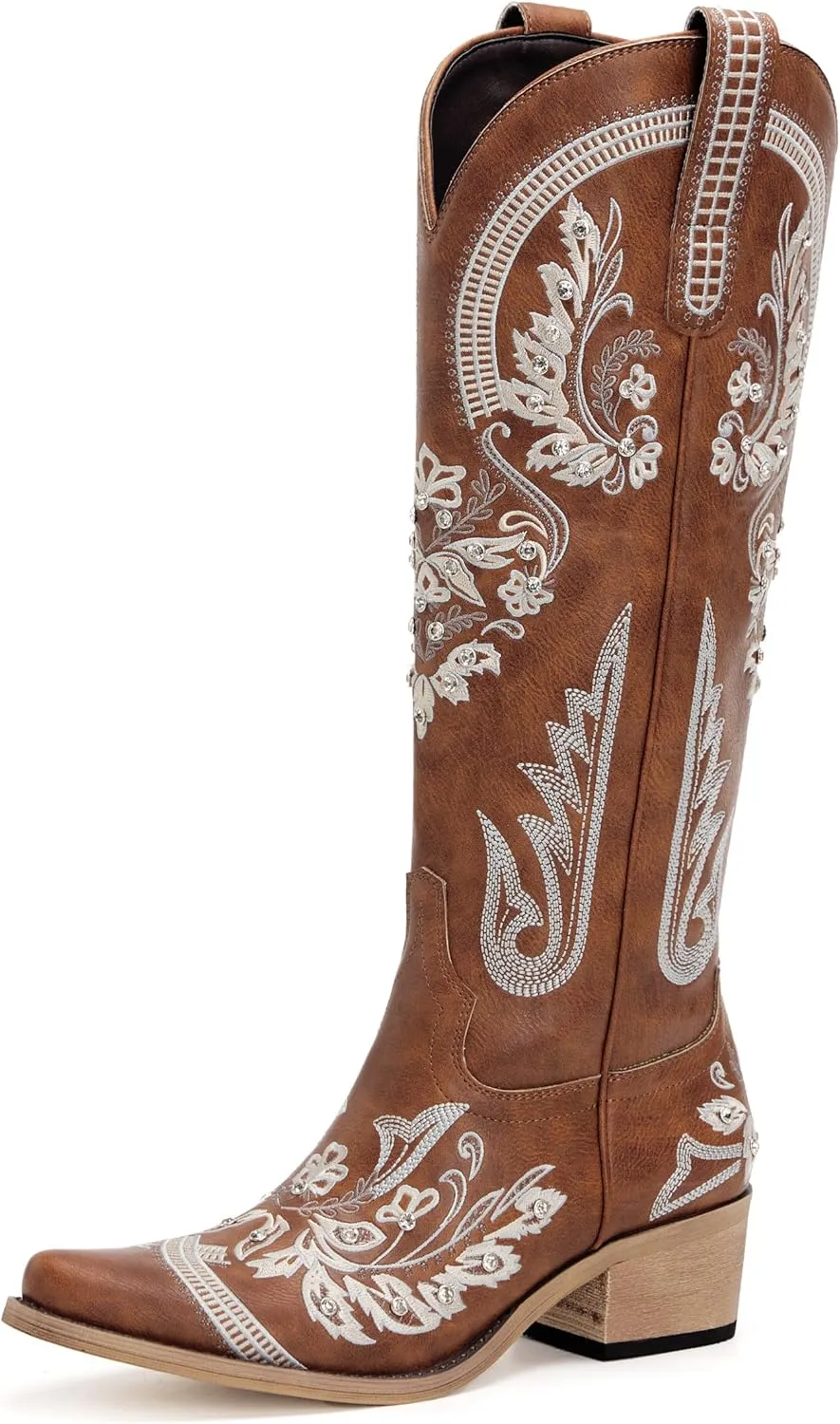 Western Cowboy Boots for Women Embroidered Rhinestones Knee High Cowgirl Boots Pointed Toe Chunky Heel Fashion Retro Classic Tall Boot
