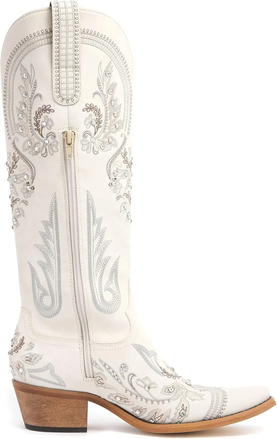 Western Cowboy Boots for Women Embroidered Rhinestones Knee High Cowgirl Boots Pointed Toe Chunky Heel Fashion Retro Classic Tall Boot