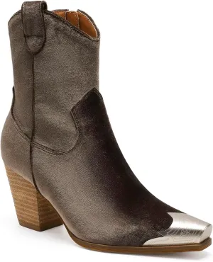 Western Metal Toe Ankle Boots Cowboy Boots for Women Cowgirl Boots Pointed Toe Zipper Boots Stacked Heel Boots