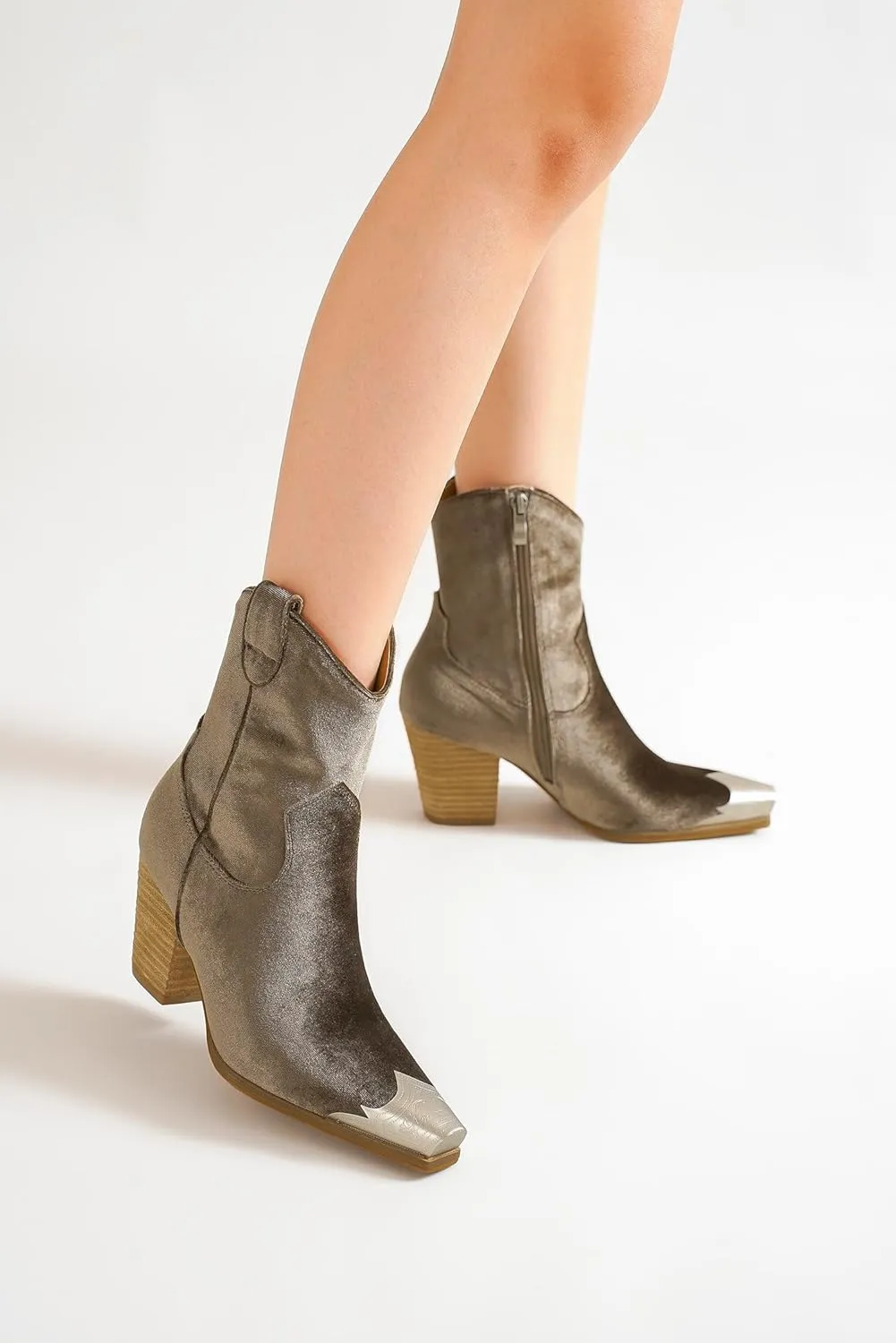 Western Metal Toe Ankle Boots Cowboy Boots for Women Cowgirl Boots Pointed Toe Zipper Boots Stacked Heel Boots