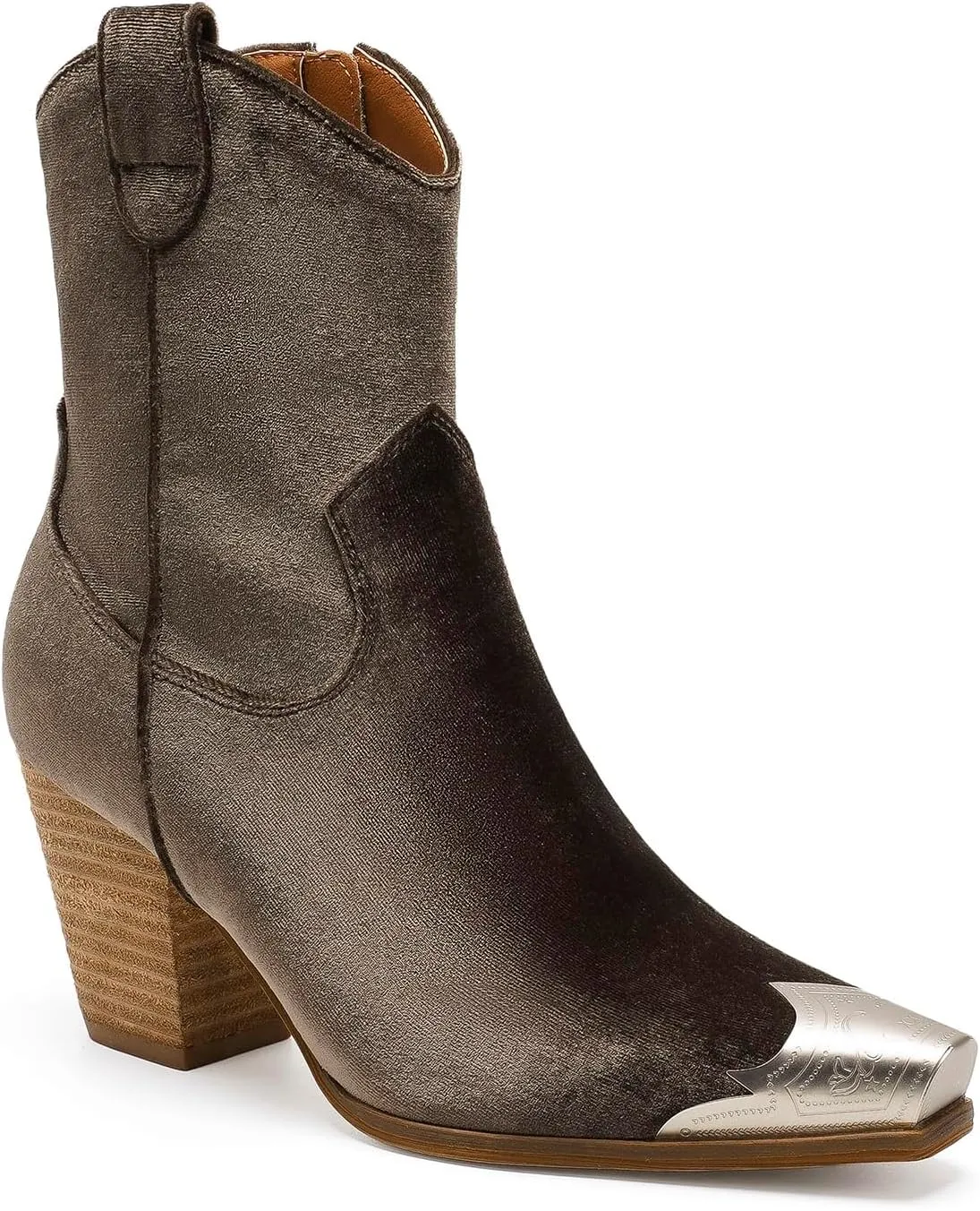 Western Metal Toe Ankle Boots Cowboy Boots for Women Cowgirl Boots Pointed Toe Zipper Boots Stacked Heel Boots