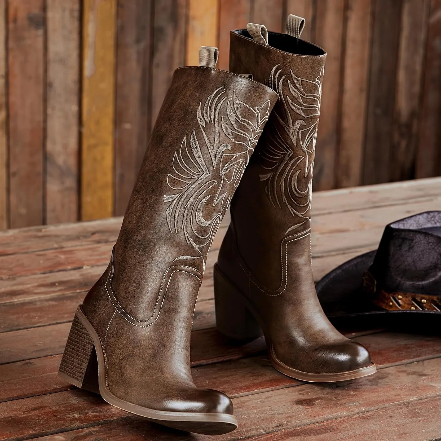 wetkiss Brown Cowboy Boots for Women Wide Mid Calf Western Cowgirl Chunky Boots Round Toe Pull On Casual Holiday Party Daily Shoes