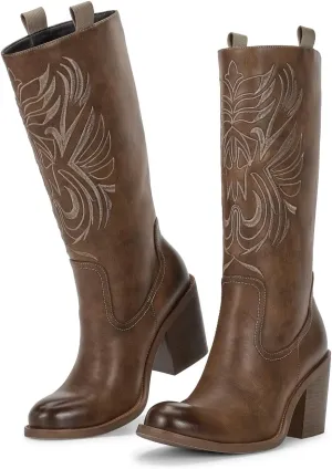 wetkiss Brown Cowboy Boots for Women Wide Mid Calf Western Cowgirl Chunky Boots Round Toe Pull On Casual Holiday Party Daily Shoes