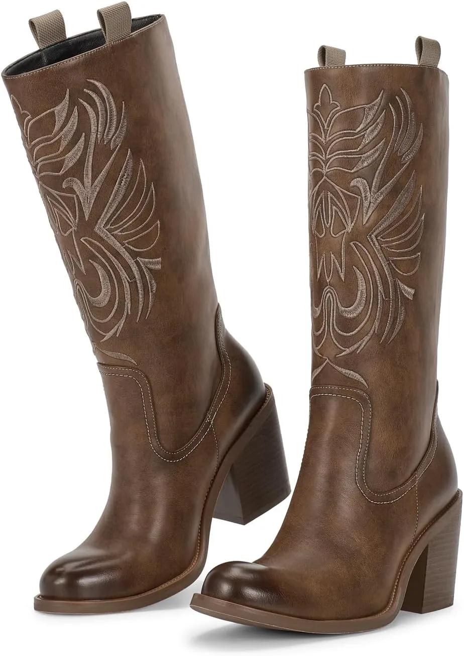 wetkiss Brown Cowboy Boots for Women Wide Mid Calf Western Cowgirl Chunky Boots Round Toe Pull On Casual Holiday Party Daily Shoes