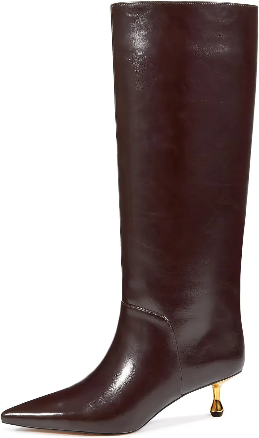 wetkiss Knee High Boots for Women Low Stiletto Drop Heel Boots Pointed Toe Long Boots Fashion Dress Tall Boots Party Date Festival