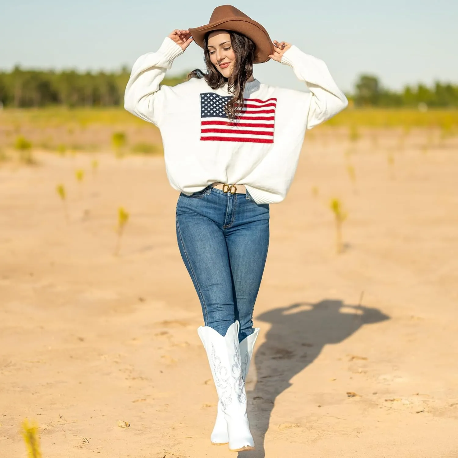 White Cowboy Boots for Women - Wide Calf Rhinestone Cowgirl Boots, Women Knee High Western Boots, Glitter Sparkly Ladies Tall Boots with Classic Embroidery and Side Zipper, Retro Classic Country Boots Pull On for Ladies