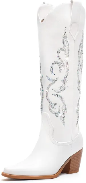 White Cowboy Boots for Women - Wide Calf Rhinestone Cowgirl Boots, Women Knee High Western Boots, Glitter Sparkly Ladies Tall Boots with Classic Embroidery and Side Zipper, Retro Classic Country Boots Pull On for Ladies