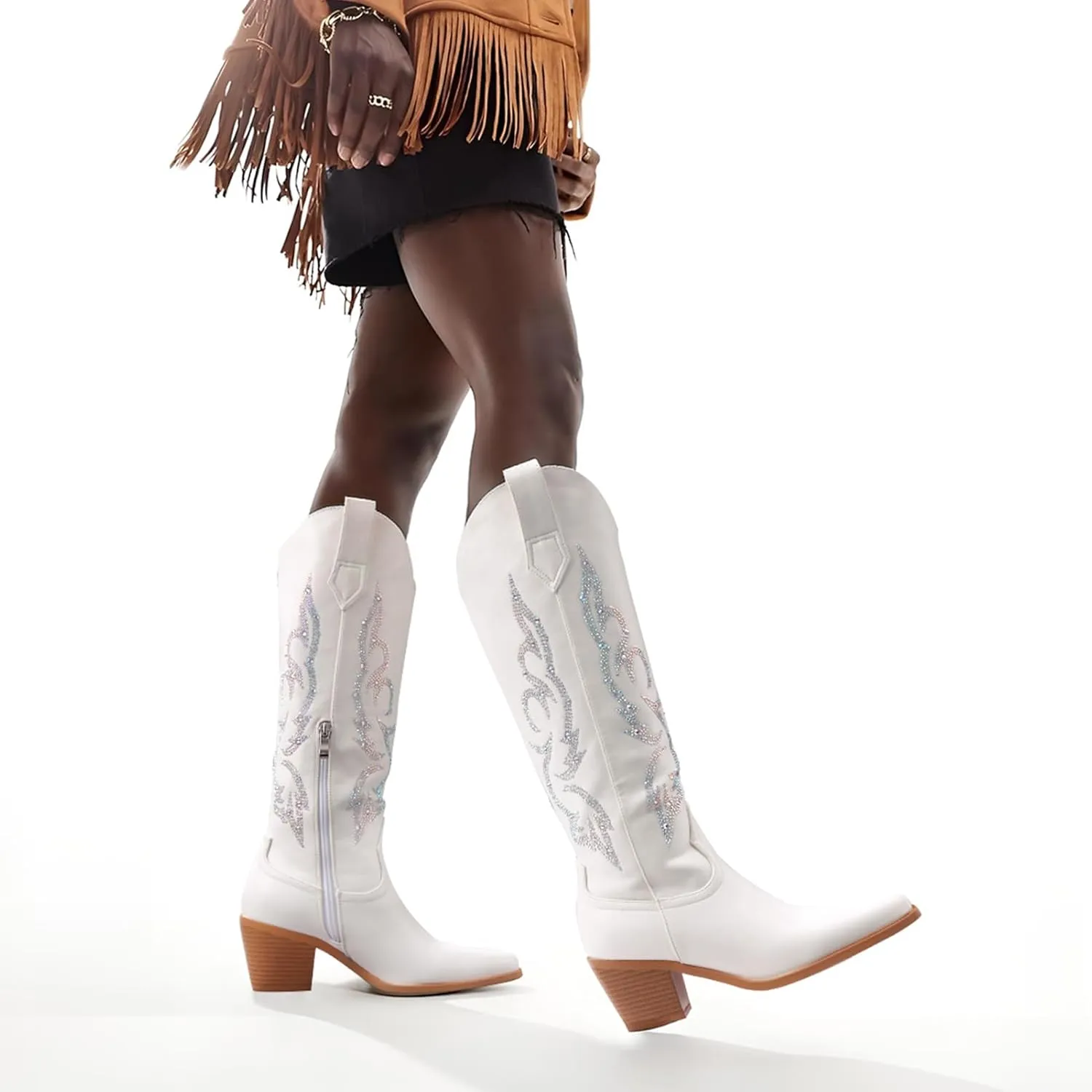 White Cowboy Boots for Women - Wide Calf Rhinestone Cowgirl Boots, Women Knee High Western Boots, Glitter Sparkly Ladies Tall Boots with Classic Embroidery and Side Zipper, Retro Classic Country Boots Pull On for Ladies