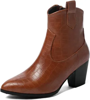 Women Chunky Heel Western Cowgirl Ankle Booties Pointed Toe Animal Crocodile Printed Side Zipper Casual Platform Chelsea Cowboy Boots