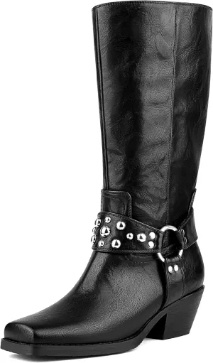 Women Mid Calf Boots Square Toe Motorcycle Boots with Side Zipper Low Chunky Heel Biker Boots