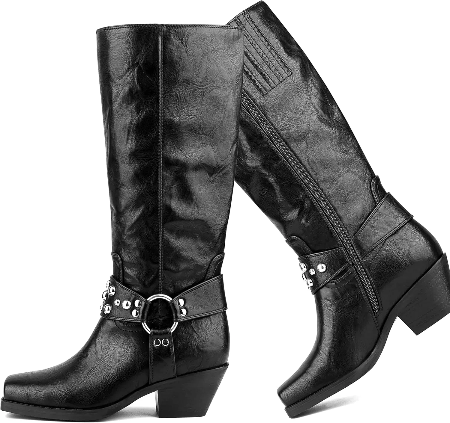 Women Mid Calf Boots Square Toe Motorcycle Boots with Side Zipper Low Chunky Heel Biker Boots