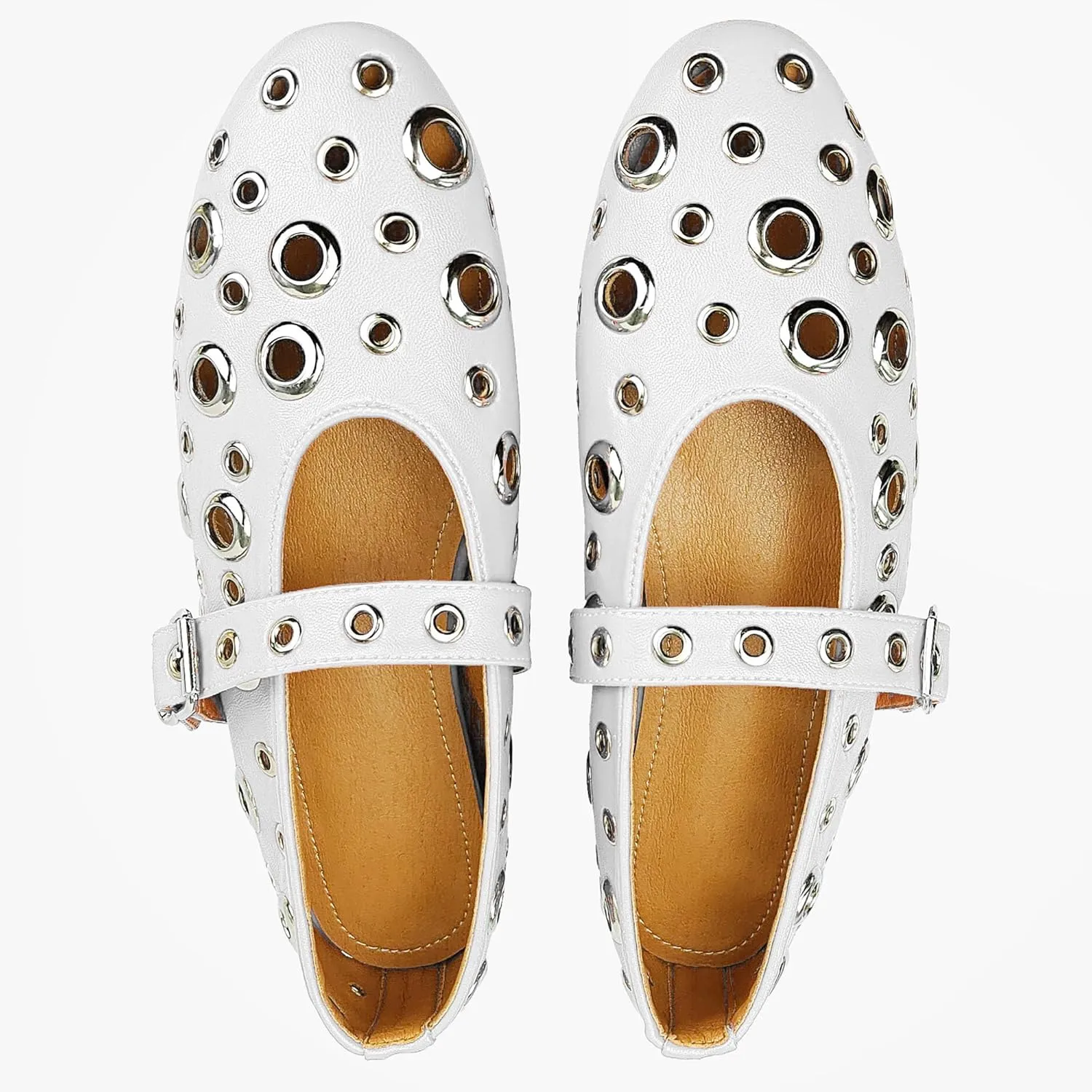 Women Perforated Ballet Flats with Buckle Strap Mesh Mary Jane Shoes Comfortable Ballerina for Casual Daily Dress
