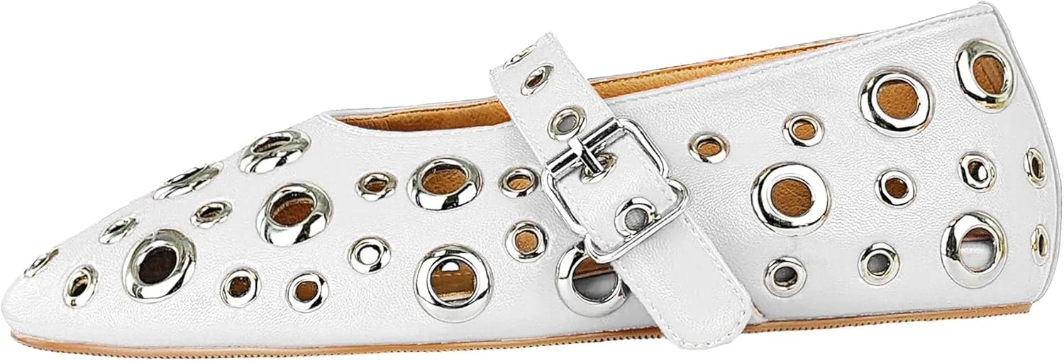 Women Perforated Ballet Flats with Buckle Strap Mesh Mary Jane Shoes Comfortable Ballerina for Casual Daily Dress