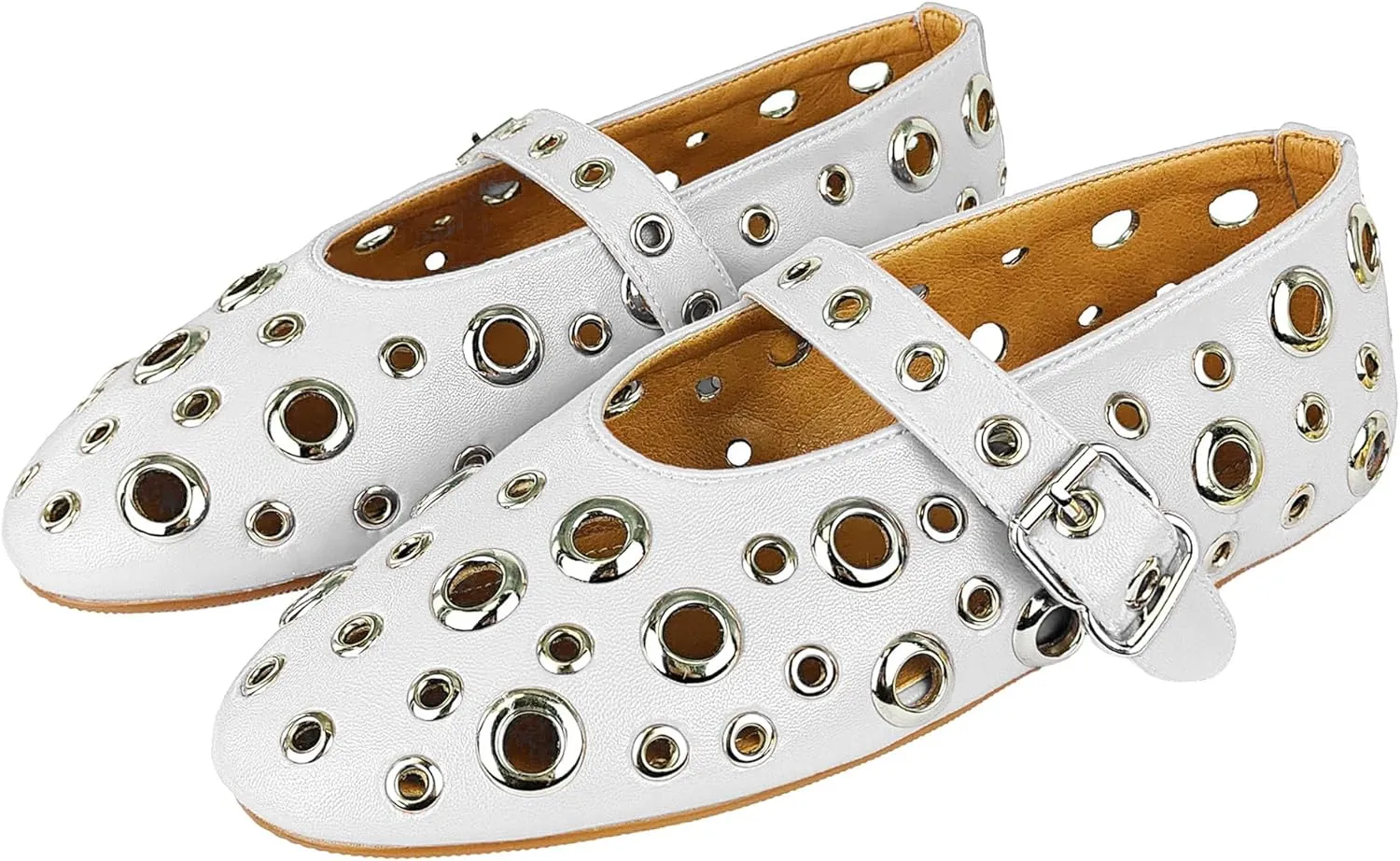 Women Perforated Ballet Flats with Buckle Strap Mesh Mary Jane Shoes Comfortable Ballerina for Casual Daily Dress