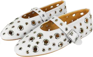 Women Perforated Ballet Flats with Buckle Strap Mesh Mary Jane Shoes Comfortable Ballerina for Casual Daily Dress