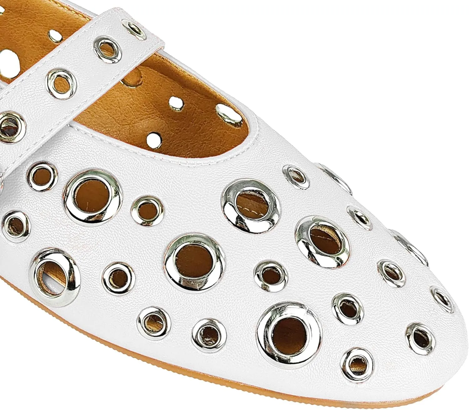 Women Perforated Ballet Flats with Buckle Strap Mesh Mary Jane Shoes Comfortable Ballerina for Casual Daily Dress