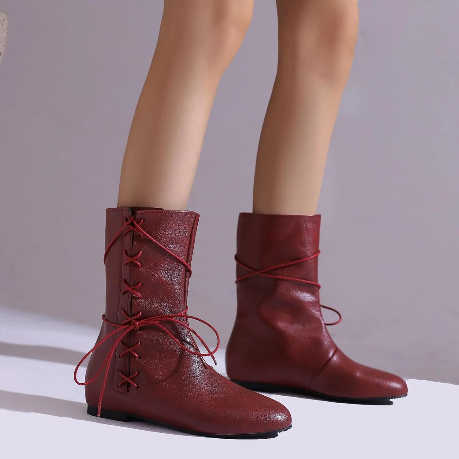 Women Retro Moccasin Mid Boots Flats Lace Up Ancient Roman Gladiator Boots
