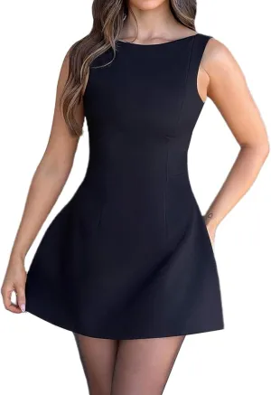 Women Sexy Backless Mini Dress Sleeveless Open Back A Line Tank Dress Formal College Graduation Dress