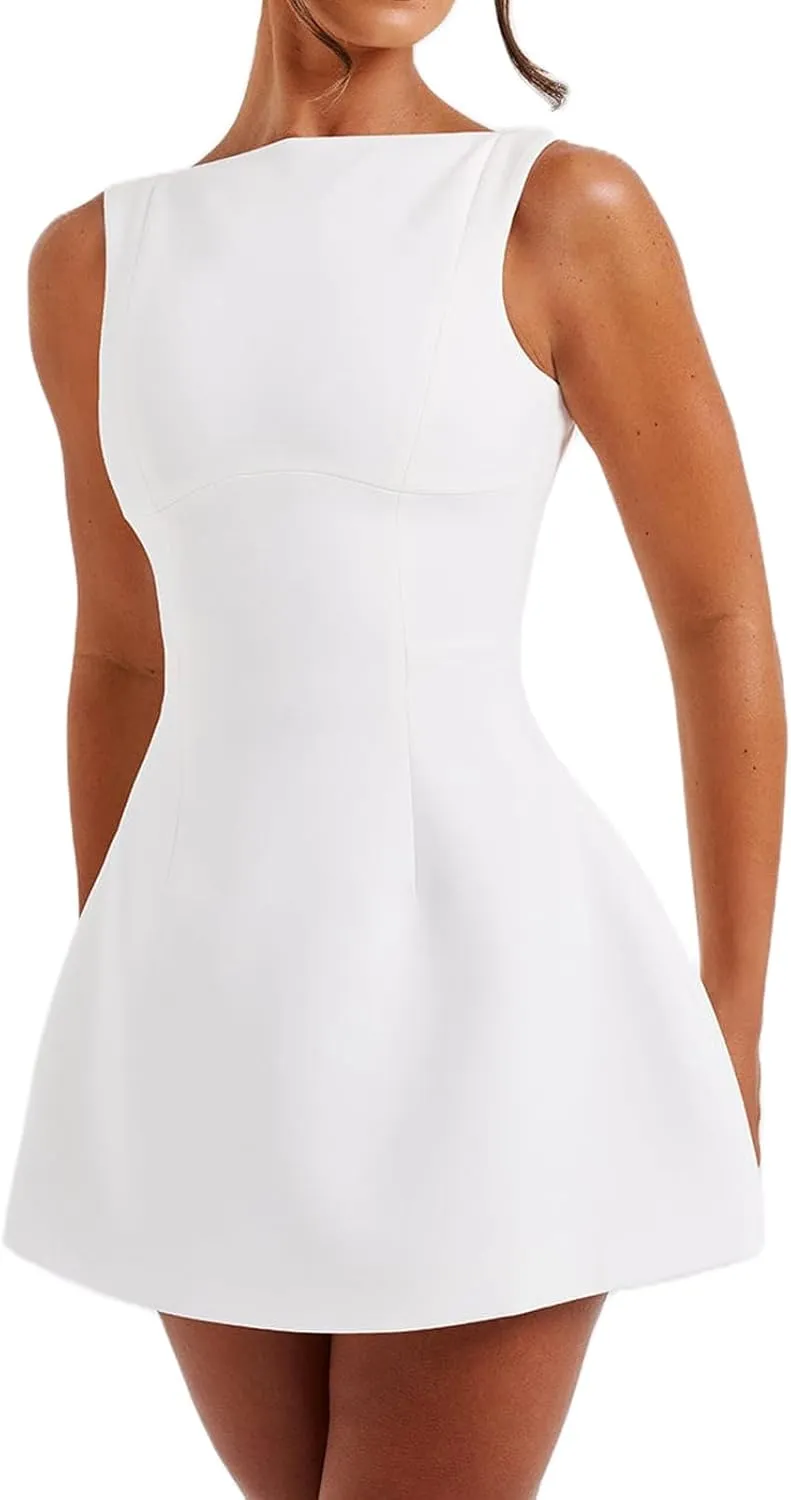 Women Sexy Backless Mini Dress Solid Color Sleeveless Open Back A Line Tank Dress Formal College Graduation Dresses