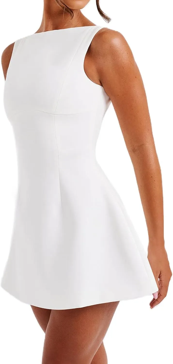 Women Sexy Backless Mini Dress Solid Color Sleeveless Open Back A Line Tank Dress Formal College Graduation Dresses
