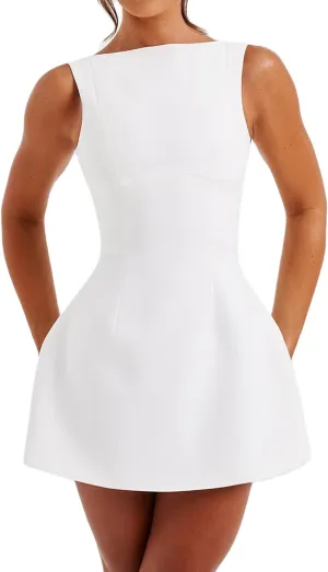 Women Sexy Backless Mini Dress Solid Color Sleeveless Open Back A Line Tank Dress Formal College Graduation Dresses