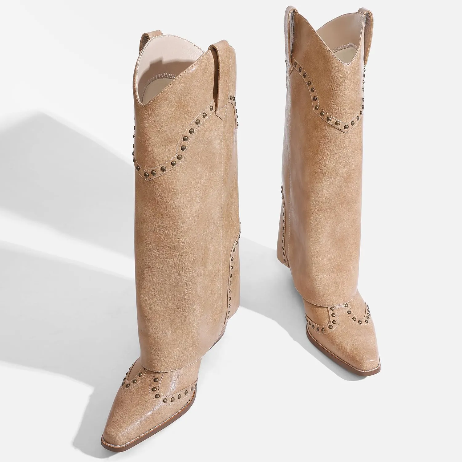 Women Shark Boots Fold Over Mid Calf Chunky Heel Snip Toe Cowboy Cowgirl Pull On Studded Boots for Women