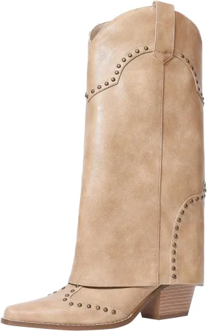 Women Shark Boots Fold Over Mid Calf Chunky Heel Snip Toe Cowboy Cowgirl Pull On Studded Boots for Women