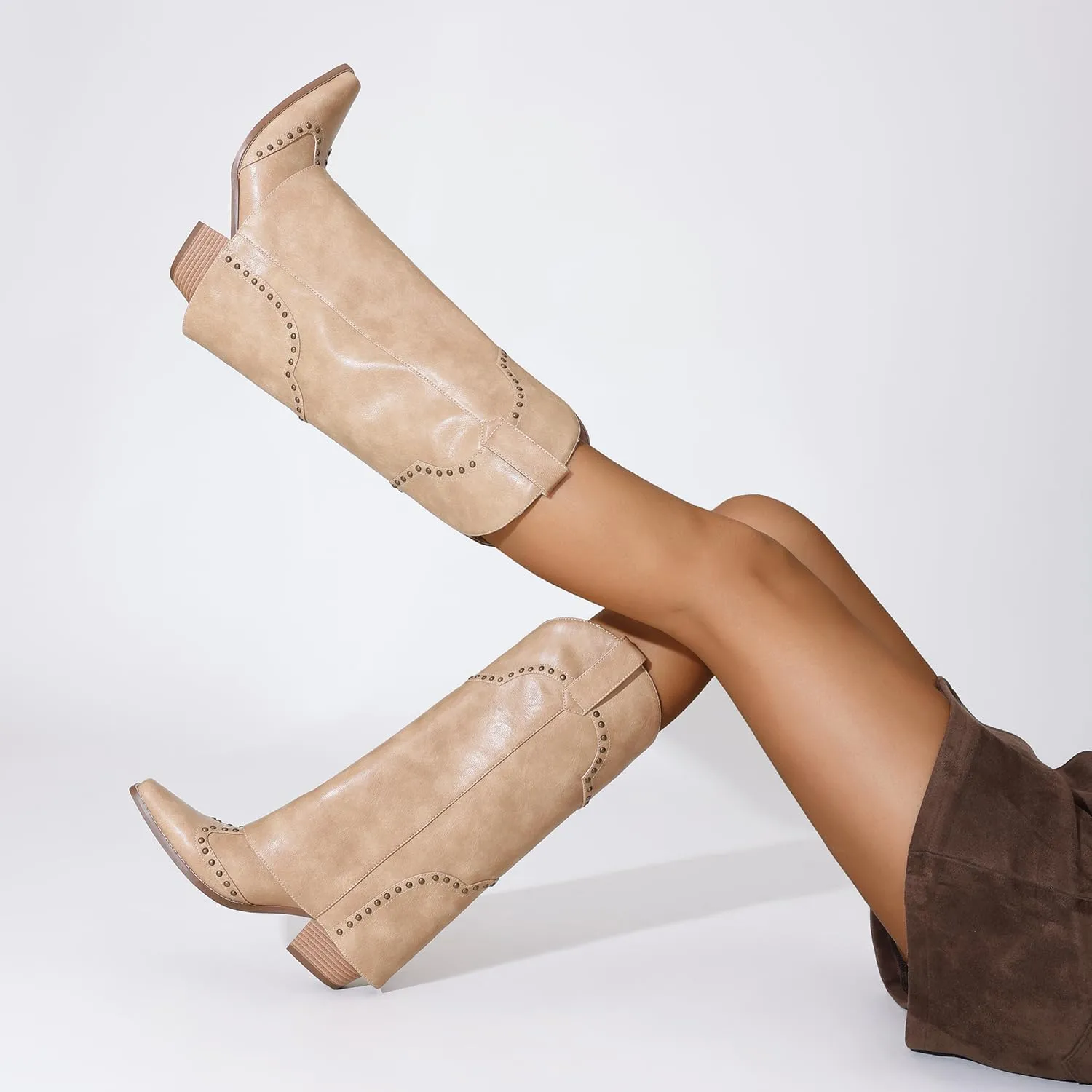 Women Shark Boots Fold Over Mid Calf Chunky Heel Snip Toe Cowboy Cowgirl Pull On Studded Boots for Women
